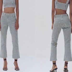 Zara Railroad Striped Cropped Kick Flare Jeans